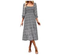 Générique Robe décontractée Femme mi-Longue à Manches Bouffantes et col carré - Coupe Fluide Style Boho avec Motif Floral et détails smockés pour l'été (Black, XL)