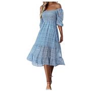 Générique Robe décontractée Femme mi-Longue à Manches Bouffantes et col carré - Coupe Fluide Style Boho avec Motif Floral et détails smockés pour l'été (Blue, M)