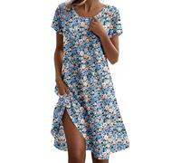 Générique Robe décontractée Fluide Femme col Rond Coupe trapèze Confortable Quotidien idéale Maison Printemps été Automne Basique Indispensable Garde-Robe (Blue, L)
