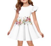 Générique Robe d'été à Manches Papillons et col Rond - Design à insertions, Silhouette A-Line avec imprimé Amusant et épuré.(2-Blanc,3-4 Ans)