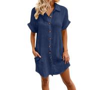 Générique Robe d'été Courte Chemise à Bouton Col V Manches Courtes Robe Femme Ete Boheme Chic et Elegant Plage avec Poches Tunique Chic Et Elegant Fête Cocktail Mini Shirt
