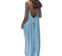 Générique Robe d'été décontractée pour Femme - Modèle Caraco sans Manches et Dos Nu, Maxi-Robe de Plage Ample et Fluide à Fines Bretelles, Robe de Vacances ou d'intérieur. (Light Blue,M)