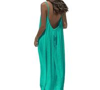 Générique Robe d'été décontractée pour Femme - Modèle Caraco sans Manches et Dos Nu, Maxi-Robe de Plage Ample et Fluide à Fines Bretelles, Robe de Vacances ou d'intérieur. (Emerald Green,TTG)