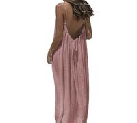 Générique Robe d'été décontractée pour Femme - Modèle Caraco sans Manches et Dos Nu, Maxi-Robe de Plage Ample et Fluide à Fines Bretelles, Robe de Vacances ou d'intérieur. (Light Pink,S)