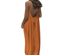 Générique Robe d'été décontractée pour Femme - Modèle Caraco sans Manches et Dos Nu, Maxi-Robe de Plage Ample et Fluide à Fines Bretelles, Robe de Vacances ou d'intérieur. (Orange,3TG)