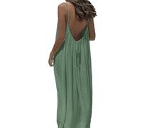 Générique Robe d'été décontractée pour Femme - Modèle Caraco sans Manches et Dos Nu, Maxi-Robe de Plage Ample et Fluide à Fines Bretelles, Robe de Vacances ou d'intérieur. (Light Green,3TG)