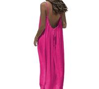 Générique Robe d'été décontractée pour Femme - Modèle Caraco sans Manches et Dos Nu, Maxi-Robe de Plage Ample et Fluide à Fines Bretelles, Robe de Vacances ou d'intérieur. (Dark Pink,TTG)