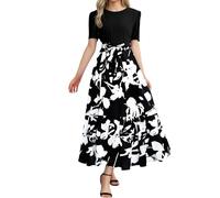 Générique Robe d'Été Femme 2025 Imprimé Floral Élégante à Manches Courtes Longueur Maxi Style Trapèze Confection Patchwork Ourlet Volanté Design Portefeuille (Black-3, XL)