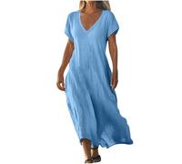 Générique Robe d'Été Femme Chic & Élégante | Manches Courtes Col en V | Robe de Plage Fluide en Coton Lin | Idéale pour Vos Journées d'Été
