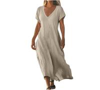 Générique Robe d'Été Femme Chic & Élégante | Manches Courtes Col en V | Robe de Plage Fluide en Coton Lin | Idéale pour Vos Journées d'Été