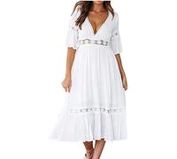 Générique Robe D'été Femme Chic Pas Cher A-Line Short Dress Mode Mi Longue Robe Ete Manche Courte Décontractée Midi Robes Lâche Ample Sexy Dress Rétro Bohème Jupe Sundress de Ceremonie Femme