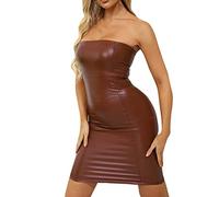 Générique Robe d'été Femme élégante décolleté épaule Bustier sans Manches en Simili Cuir ceinturée Taille Haute (Brown, XXL)