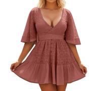 Générique Robe d'été Fluide et élégante à Manches Chauve-Souris avec Inserts en Dentelle et col en V pour Une Coupe Confortable Genou (Red, M)