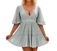 Générique Robe d'été Fluide et élégante à Manches Chauve-Souris avec Inserts en Dentelle et col en V pour Une Coupe Confortable Genou (Blue, XXL)