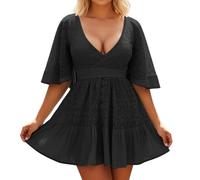 Générique Robe d'été Fluide et élégante à Manches Chauve-Souris avec Inserts en Dentelle et col en V pour Une Coupe Confortable Genou (Black, M)