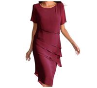 Générique Robe d'été pour Femme Col Rond Mi-Longue Asymétrique Manches Courte Robe Chic Et Elegant Dress (Red, XL)