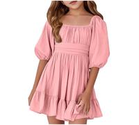 Générique Robe d'été pour Filles décontractée col carré Volants Ceinture nouée Manches Courtes Tenue Quotidienne école Jeux extérieur vêtement Enfant 5 à 14 Ans (9-10 Years)