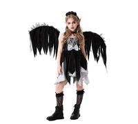Générique Robe d'halloween pour Fille Noir Costume d'ange avec Fleur de Tête Et Ailes Classique Halloween Costume sans Manches pour Enfants Couleur Unie Dentelle Cosplay Deguisement pour Intérieur