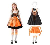 Générique Robe Dirndl Fille Ensemble 4Pcs Traditionnelle Dirndl Robe Midi à lacets sur le Devant et Manches Bouffantes Bavarois Tablier Dirndl Coiffe et Chaussettes Robe Traditionnelle Oktoberfest