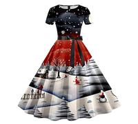 Générique Robe Elegante Femme Hiver,Robe De SoiréE à Manches Courtes S Imprimé De NoëL AnnéEs 1950 Foyer Robe De Bal (Red M)