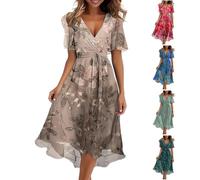 Générique Robe Elegante Femme, Mini Robe Femme Manches Courtes Col V Chic et Elegant Robes D'été A-Line Casual Legere Fluide Taille Haute pour Fete Plage Bal Mariage Soiree, Robes Business
