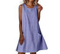 Générique Robe en Coton Femme Ete Chic Elegant Tunique Robe Midi sans Manches Ample Casuel Couleur Unie Robes Col Rond avec Poches Robes De Plage Grandes Tailles Dress pour FêTe Vacances