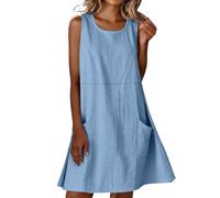 Générique Robe en Coton Femme Ete Chic Elegant Tunique Robe Midi sans Manches Ample Casuel Couleur Unie Robes Col Rond avec Poches Robes De Plage Grandes Tailles Dress pour FêTe Vacances