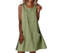 Générique Robe en Coton Femme Ete Chic Elegant Tunique Robe Midi sans Manches Ample Casuel Couleur Unie Robes Col Rond avec Poches Robes De Plage Grandes Tailles Dress pour FêTe Vacances