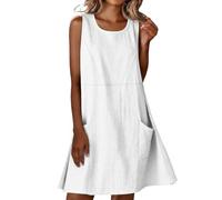 Générique Robe en Coton Femme Ete Chic Elegant Tunique Robe Midi sans Manches Ample Casuel Couleur Unie Robes Col Rond avec Poches Robes De Plage Grandes Tailles Dress pour FêTe Vacances