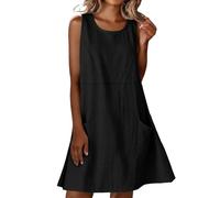 Générique Robe en Coton Femme Ete Chic Elegant Tunique Robe Midi sans Manches Ample Casuel Couleur Unie Robes Col Rond avec Poches Robes De Plage Grandes Tailles Dress pour FêTe Vacances