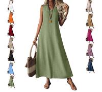 Générique Robe en Lin pour Femme, Décontractée, D'Été, Modeste, Longue, Fluide, pour La Plage, Les Vacances, Le Soleil, sans Manches (Green,M)