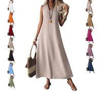 Générique Robe en Lin pour Femme, Décontractée, D'Été, Modeste, Longue, Fluide, pour La Plage, Les Vacances, Le Soleil, sans Manches (Beige,S)
