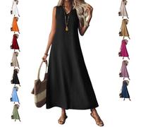 Générique Robe en Lin pour Femme, Décontractée, D'Été, Modeste, Longue, Fluide, pour La Plage, Les Vacances, Le Soleil, sans Manches (Black,S)