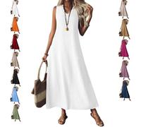 Générique Robe en Lin pour Femme, Décontractée, D'Été, Modeste, Longue, Fluide, pour La Plage, Les Vacances, Le Soleil, sans Manches (White,TG)