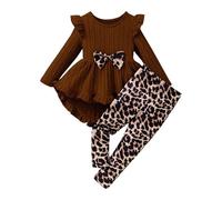 Générique Robe Enfant Ensemble Robe décontractée et Leggings pour Filles Haut à Manches Longues rayé pour bébé d'automne Pantalon imprimé léopard (Brown, 7 Years)