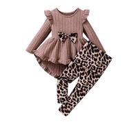 Générique Robe Enfant Ensemble Robe décontractée et Leggings pour Filles Haut à Manches Longues rayé pour bébé d'automne Pantalon imprimé léopard (Khaki, 7 Years)