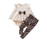 Générique Robe Enfant Ensemble Robe décontractée et Leggings pour Filles Haut à Manches Longues rayé pour bébé d'automne Pantalon imprimé léopard (Beige, 4 Years)