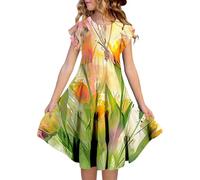 Générique Robe Enfant Fille été col Rond Manches volantées Couches A Line dégradé 6-15 Ans Robe midi(7-Yellow, 12-13 Years)