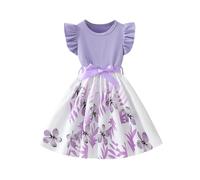 Générique Robe Enfant Fille Été Violet Manches Volantes Assemblage Nœud Motif Fleurs Mignonne Style Décontracté(Light Purple, 3-4 Years)