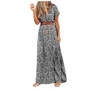 Générique Robe Eté Femme Bohème Chic Vintage Col V Manches Courtes Longue Casual Imprimé Fleurie Maxi Mode De Plage Soirée (Gris, XXL)