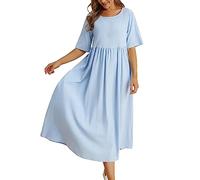 Générique Robe Ete Femme Coton Lin Col Rond Manche Courte Robe De Plage Boheme Vacances À La Plage Maxi Dress Couleur Unie Robe Ete Femme Fluide