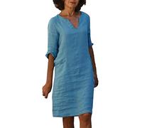 Générique Robe ete Femme Courte en Lin Coton Droite col v Robe Femme Chic et Elegant Grande Taille Manche 3/4 Robe Casual Femme Ample uni Retro Vintage Pas Cher (Blue, M)