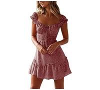 Générique Robe ete Femme Courte Sexy col carré Fleurie Robe de Plage Femme Manches Courtes Legere Fluide Robe Boheme Chic Mariage invité Volants Mini Robe ajustée Femme Casual Vacances (Pink, M)