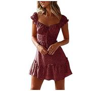 Générique Robe ete Femme Courte Sexy col carré Fleurie Robe de Plage Femme Manches Courtes Legere Fluide Robe Boheme Chic Mariage invité Volants Mini Robe ajustée Femme Casual Vacances (Hot Pink, L)