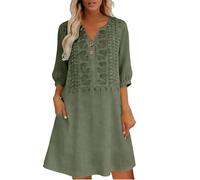 Générique Robe Ete Femme Lin Robe Longue Col Henri Manches 3/4 Robes Boheme Chic Vintage Broderie Robes Grande Taille Fluide Dress De Plage Casual d'été pour Beach Les Vacances