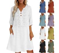 Générique Robe Ete Femme Lin Robe Longue Col Henri Manches 3/4 Robes Boheme Chic Vintage Broderie Robes Grande Taille Fluide Dress De Plage Casual d'été pour Beach Les Vacances