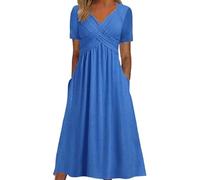 Générique Robe ete Femme mi Longue Fluide Grande Taille Robe Robe Femme Chic et Elegant Soiree Mariage invité uni Robe Vintage Femme Trapeze Cocktail col v Robe Business Femme Manche Courte (Blue, M)