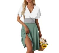 Générique Robe Ete Femme Mi Longue Manche Courte Col V Fleurie De Plage Vetement Midi Blanche Boheme Cérémonie pour Ronde Cocktail Robe Femme Chic Et Elegant Blanche Noire Fluide Été Dos (A07,S)