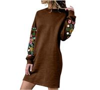Générique Robe Femme Brodée Manche Longue Mini Robes Automne Hiver Au-Dessus du Genou Robe Courte Décontractée Grande Taille Unie Couleur Robes Droite Col Ras du Cou Tshirt Sweat Longue
