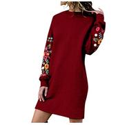 Générique Robe Femme Brodée Manche Longue Mini Robes Automne Hiver Au-Dessus du Genou Robe Courte Décontractée Grande Taille Unie Couleur Robes Droite Col Ras du Cou Tshirt Sweat Longue